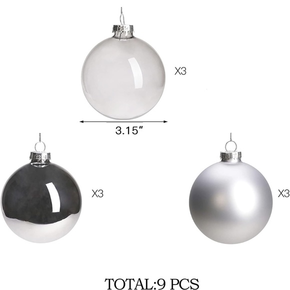 Set Of 9 Silver Glass Christmas Ball Ornaments, 3.15” Hanging Christmas Balls - Picture 7 of 9